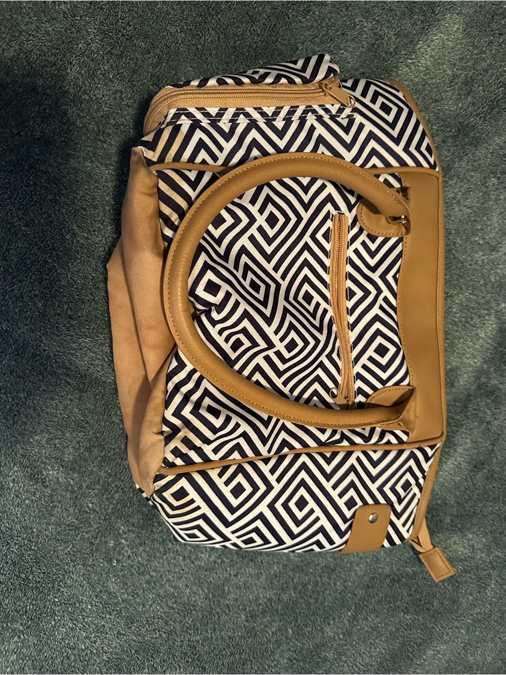 Geometric Print Tote Bag with Tan Trim